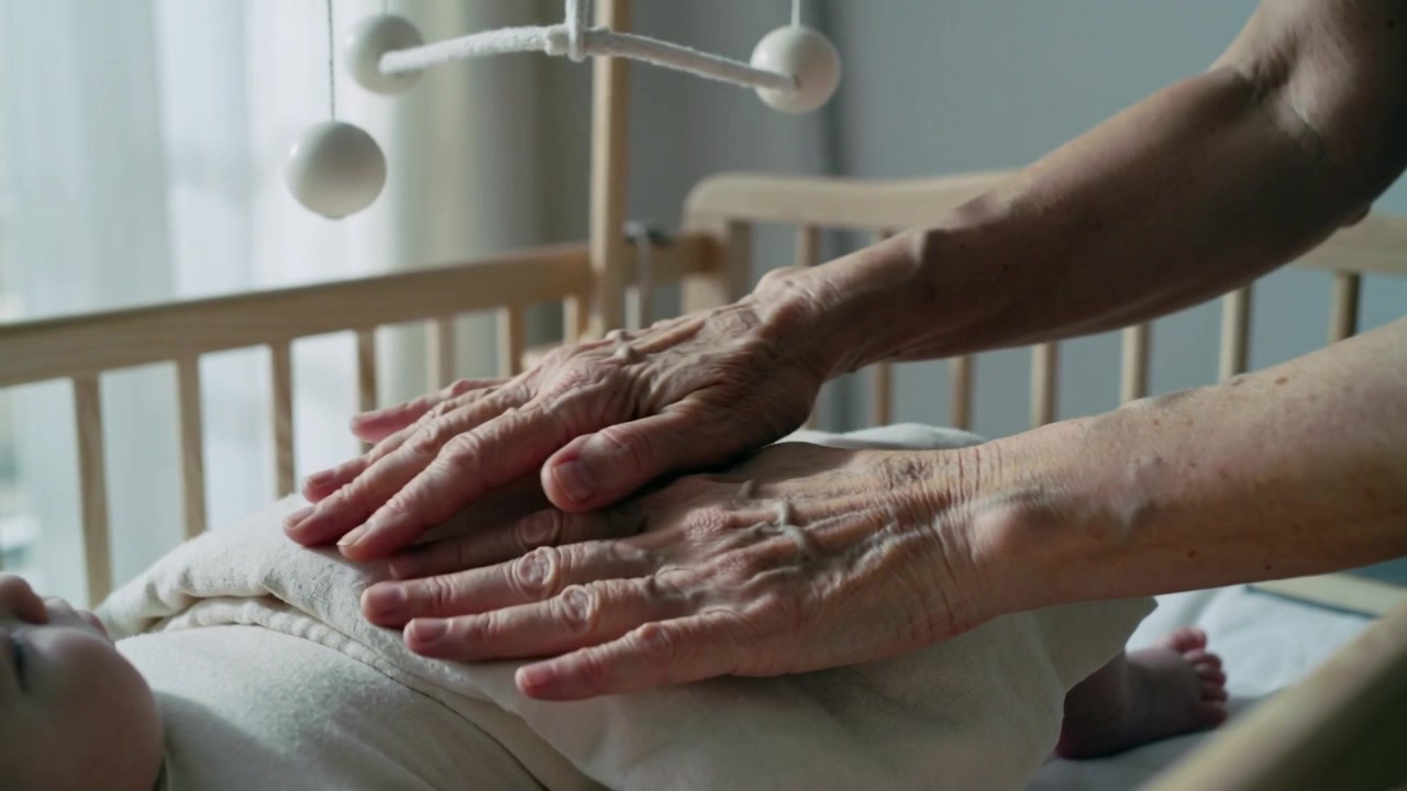 Mani anziane che sistemano delicatamente una coperta su un neonato in tutina nella culla, calmandolo sotto la giostrina.