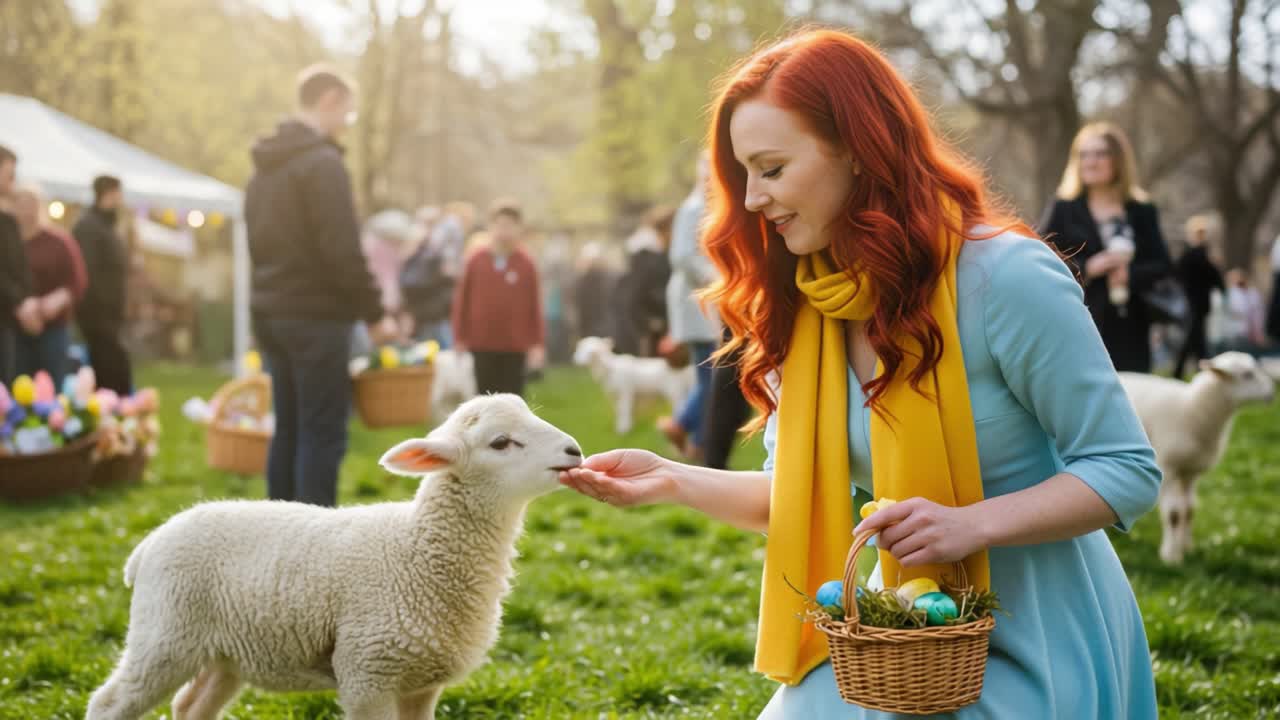Uma cena de primavera encantadora com uma jovem de cabelo ruivo vibrante interagindo com um cordeiro brincalhão em um evento festivo ao ar livre cercado por decorações coloridas de Páscoa