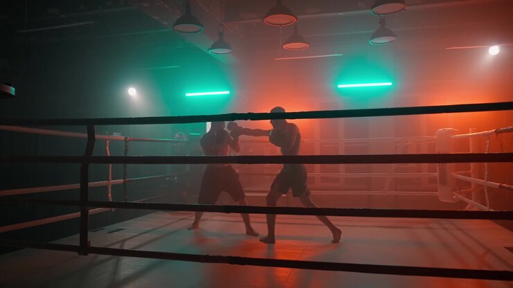 Dos boxeadores entrenando en un ring de boxeo oscuro con luces de neón