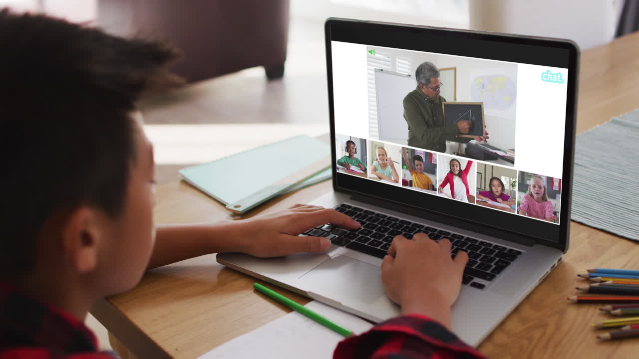 Composite of boy using laptop for online lesson at home, with diverse teacher and class on screen