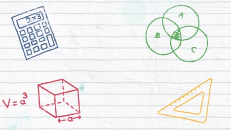 Animation-of-colorful-school-items-icons-and-mathematical-drawings-over-lines