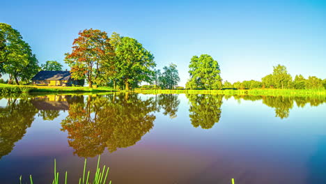 Ein-Ruhiger-See-Mit-Spiegelungen-Der-Bäume-Und-Den-Schatten-Der-Sonne-Im-Zeitraffer