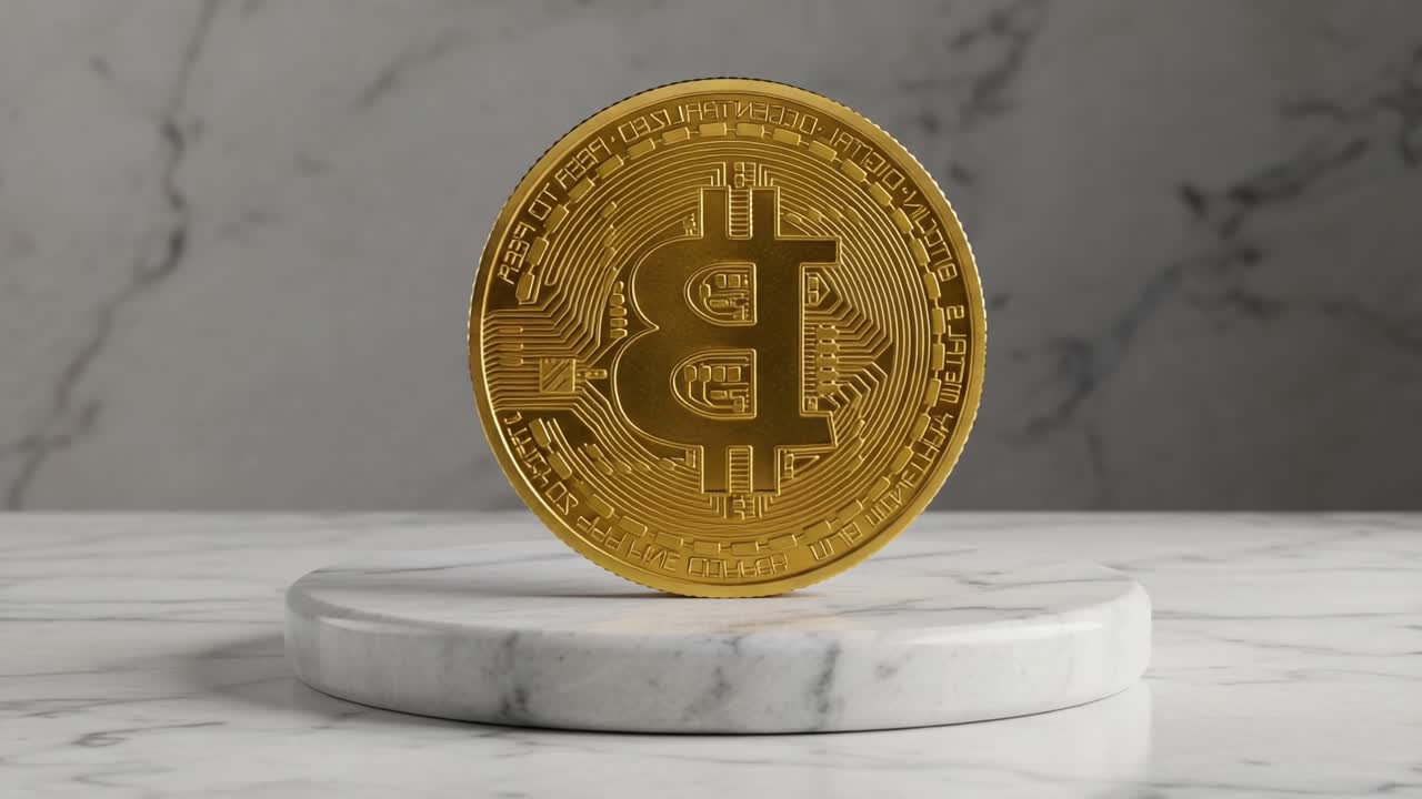 A Radiant Bitcoin Coin Displayed Elegantly on a Marble Base, Showcasing Its Intricate Design and Symbolism of Digital Currency in a Minimalistic Setting
