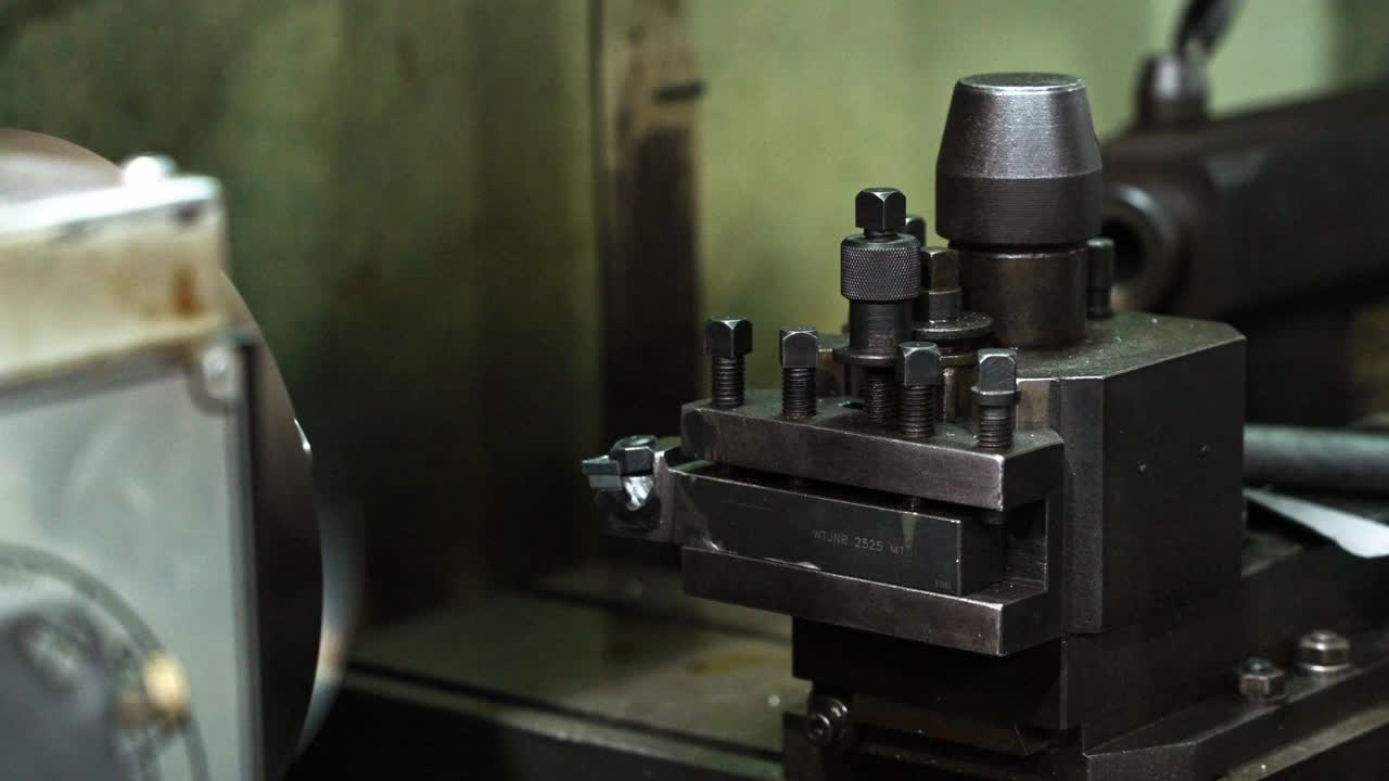 Close-up of a metal lathe