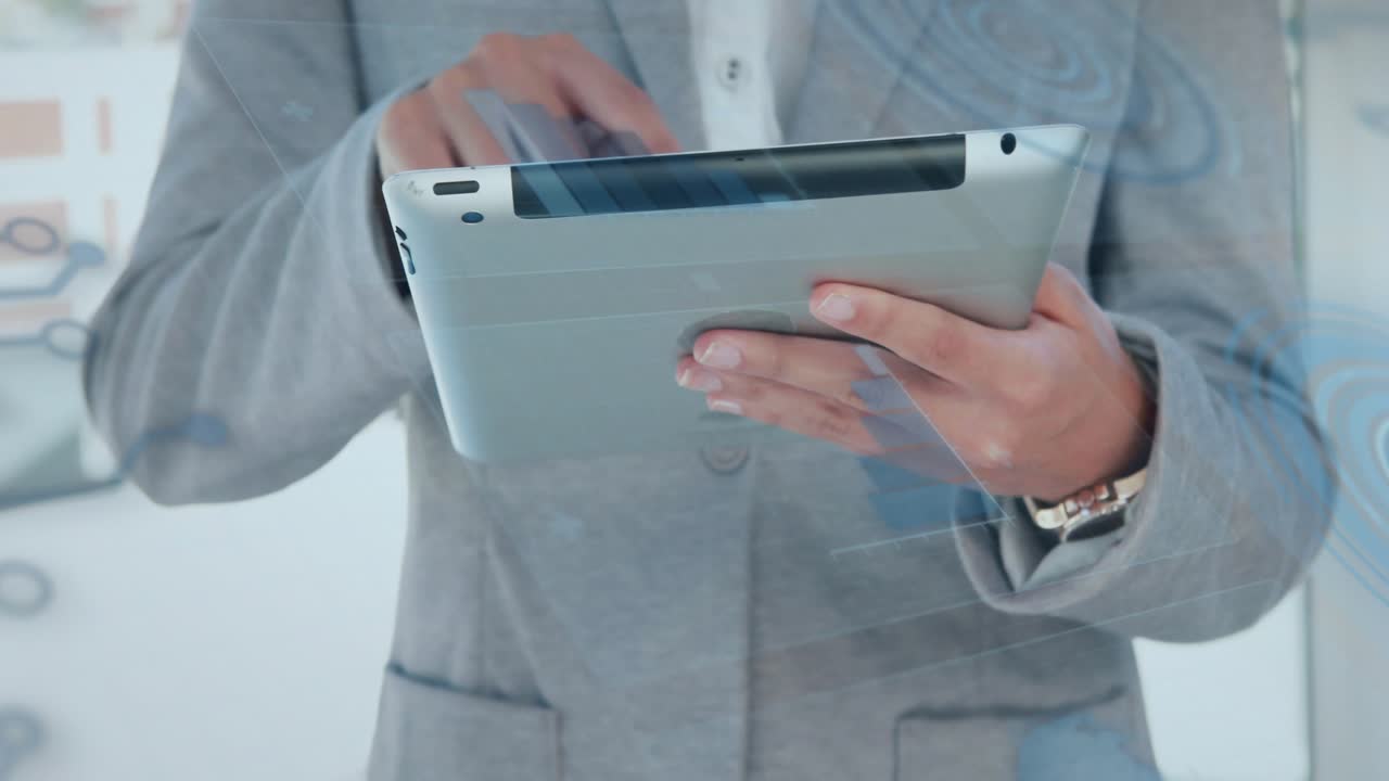 First tapping tablet screen spawning blue rings and data nodes while executive navigating layers
