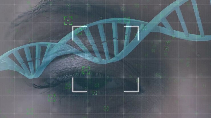 Turning DNA strand with eye in the background