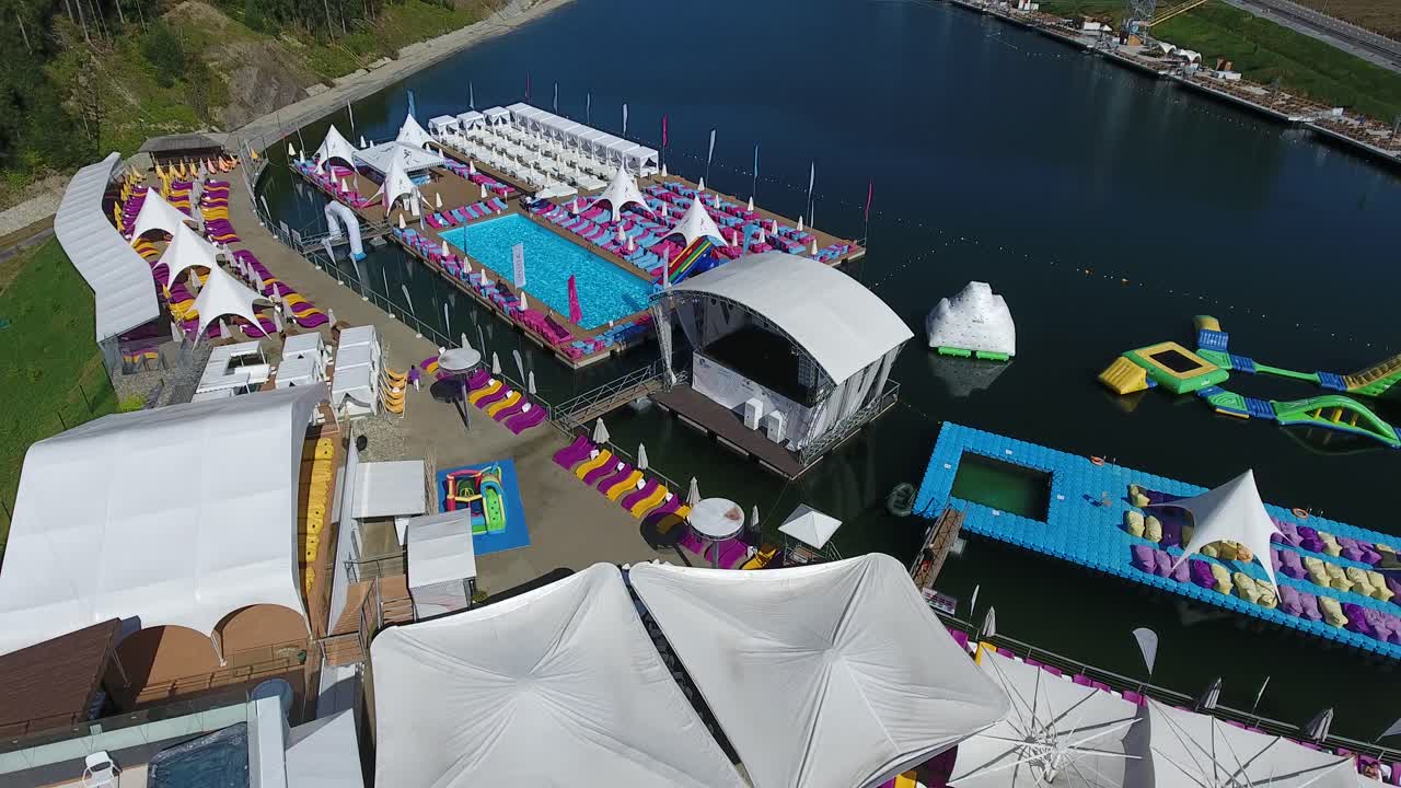 Bukovel, Ukraine - August 2017: Aerial view of the luxury hotel in the mountains. Vacation in a ski resort in summer