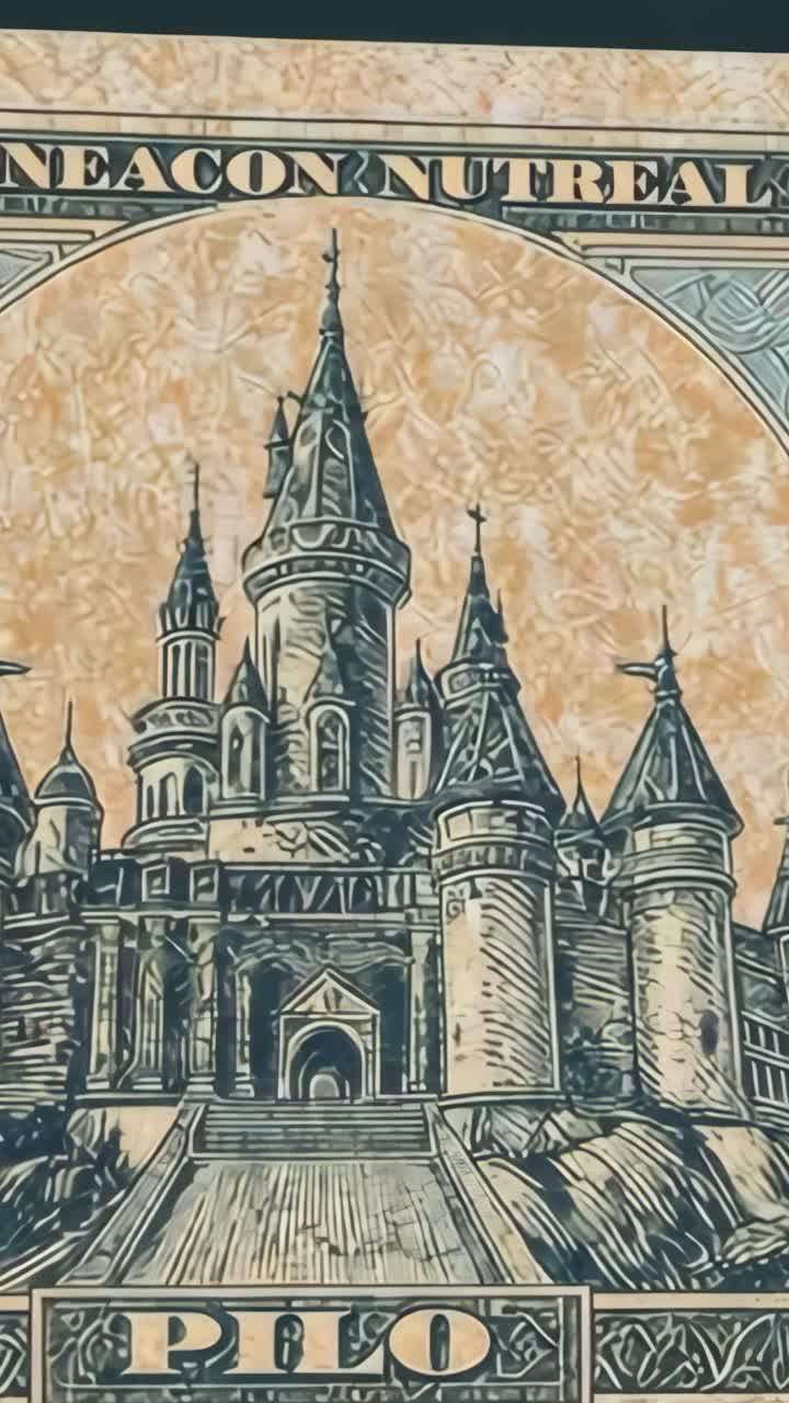 Vertical video: Shifting camera revealing castle engraving on marbled beige print, text bands