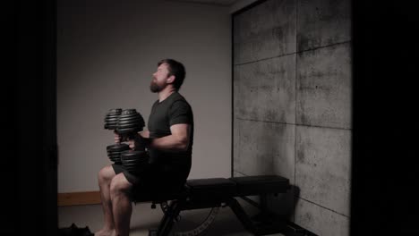 flat dumbbell bench press, cinematic lighting, white man dressed in black gym attire