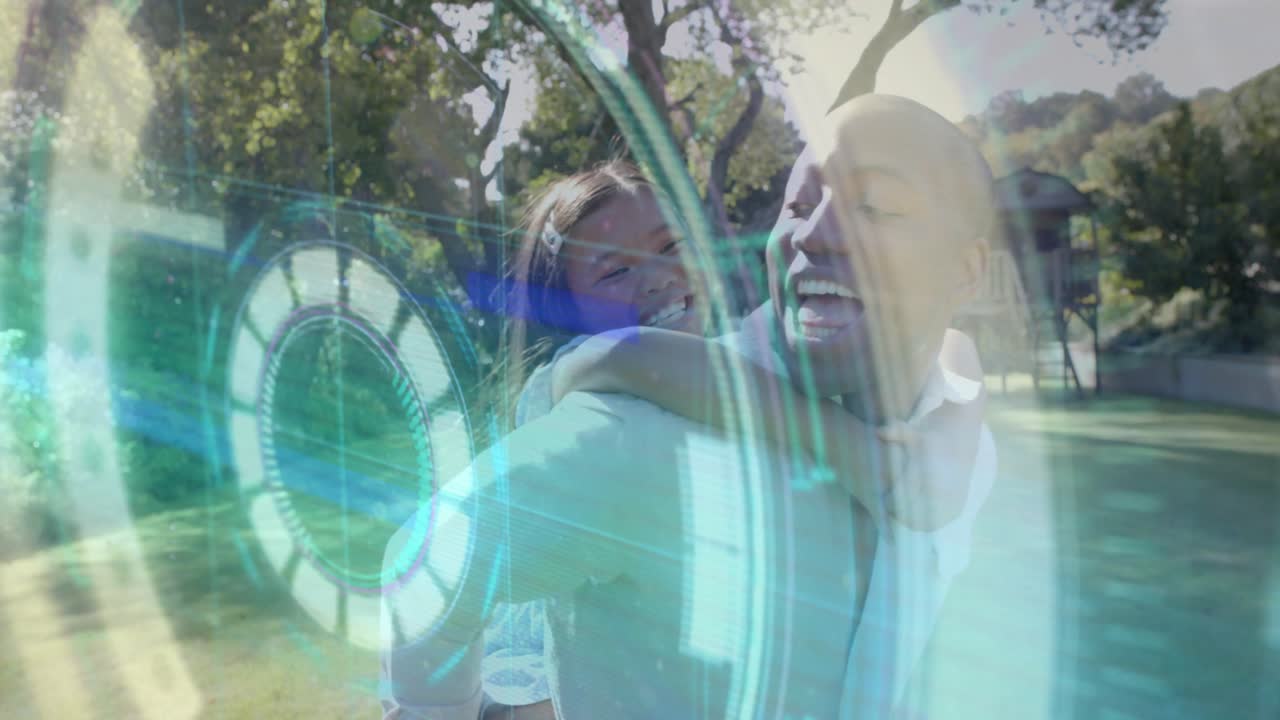 Adult carrying girl piggyback in park with steps tech overlay pulsing light streak for family play