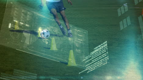 animation of data processing over african american male soccer player dribbling at stadium