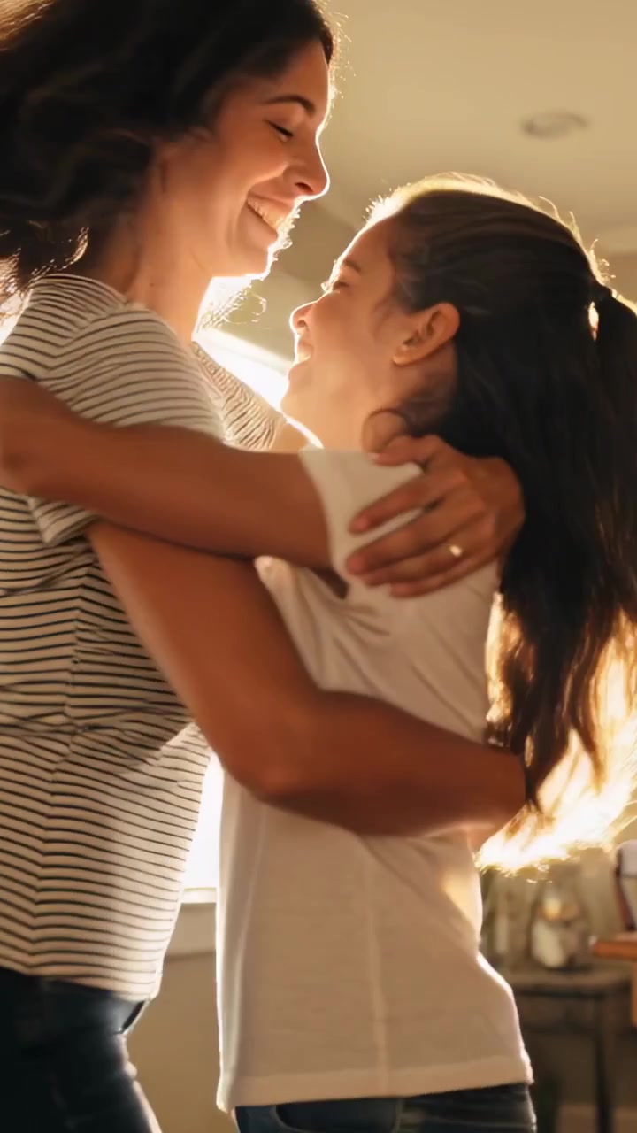 Video verticale: Mamma e figlia che si abbracciano e si salutano vicino alle persiane, con maglietta a righe e anello in vista.
