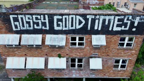 Drone-aerial-close-up-urban-decay-building-Gossy-Good-Times-CBD-centre-abandon-derelict-building-windows-Gosford-Central-Coast-Australia