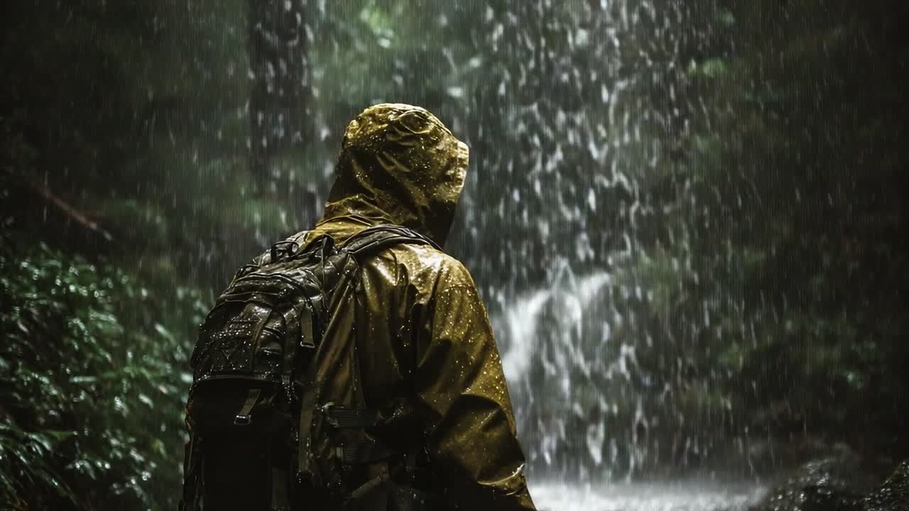 A lone figure in a yellow rain jacket stands amid the verdant forest, surrounded by cascading rain and the sound of nature, emphasizing the beauty of outdoor adventure and resilience