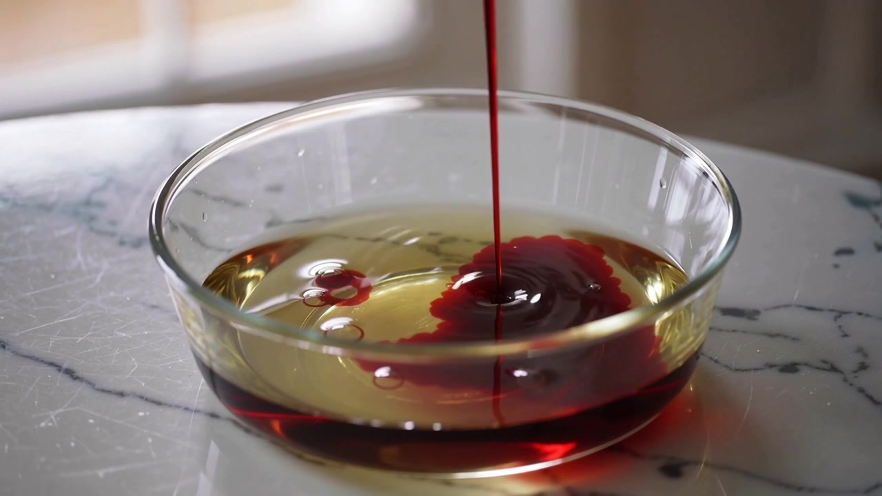 Una fonte fuori campo versa sciroppo rosso in una ciotola di vetro trasparente con olio su marmo, formando una pozza.