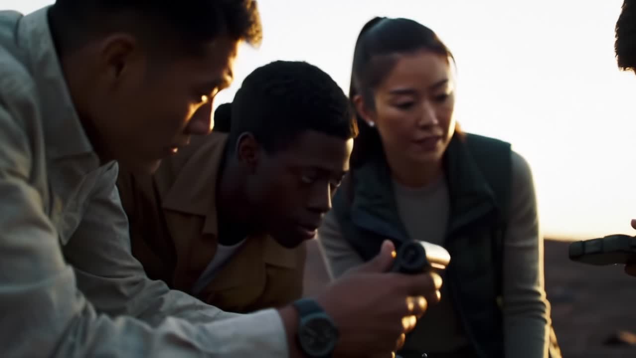 Group of Individuals Engaged in Critical Task at Sunset in Outdoor Setting