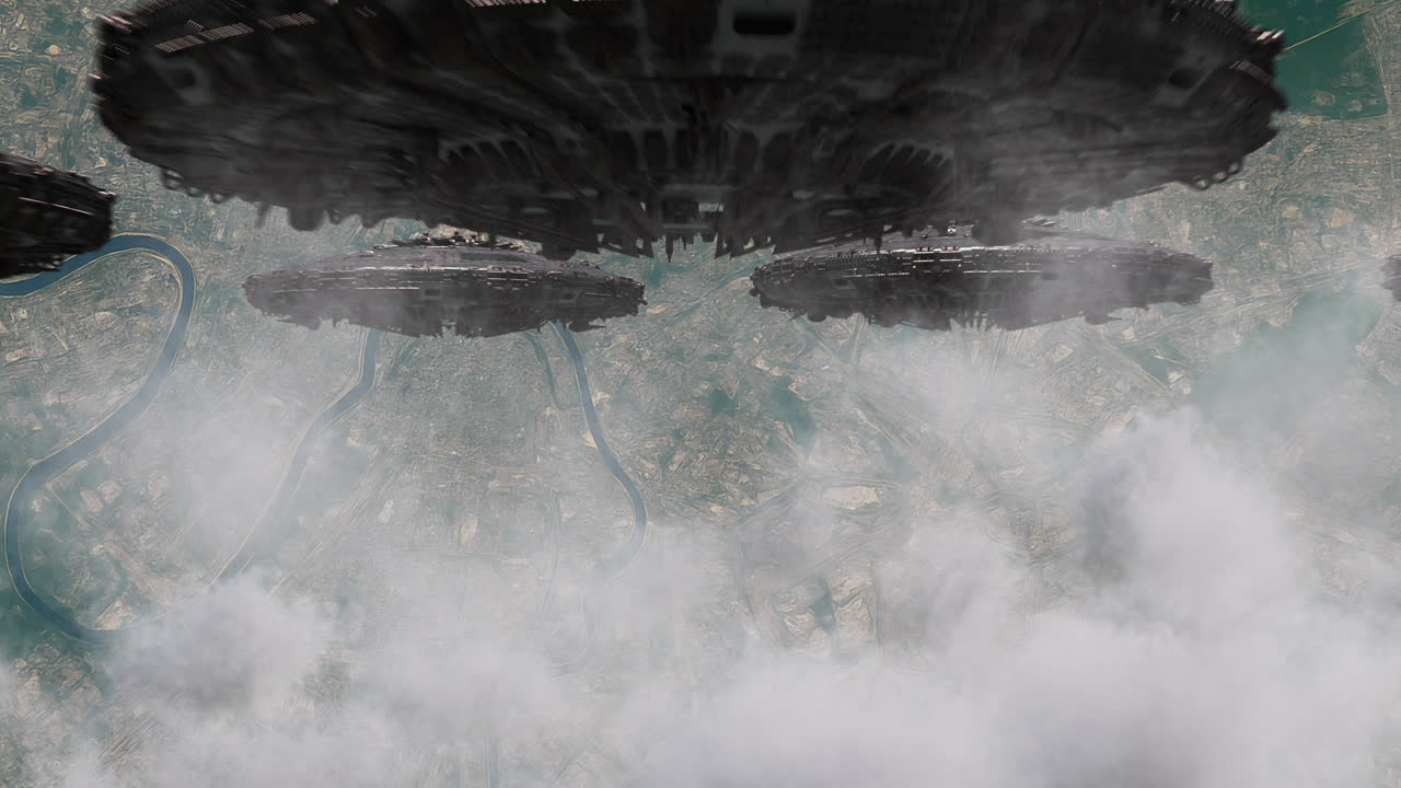 Alien ships above European city river