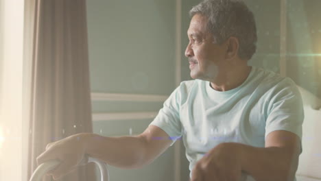 animation of glowing light over portrait of pensive senior man