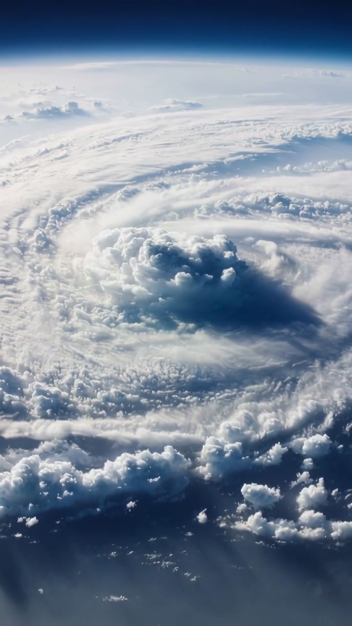Vertical video: Pulling back camera revealing cyclone central tower, outer bands, limb over ocean
