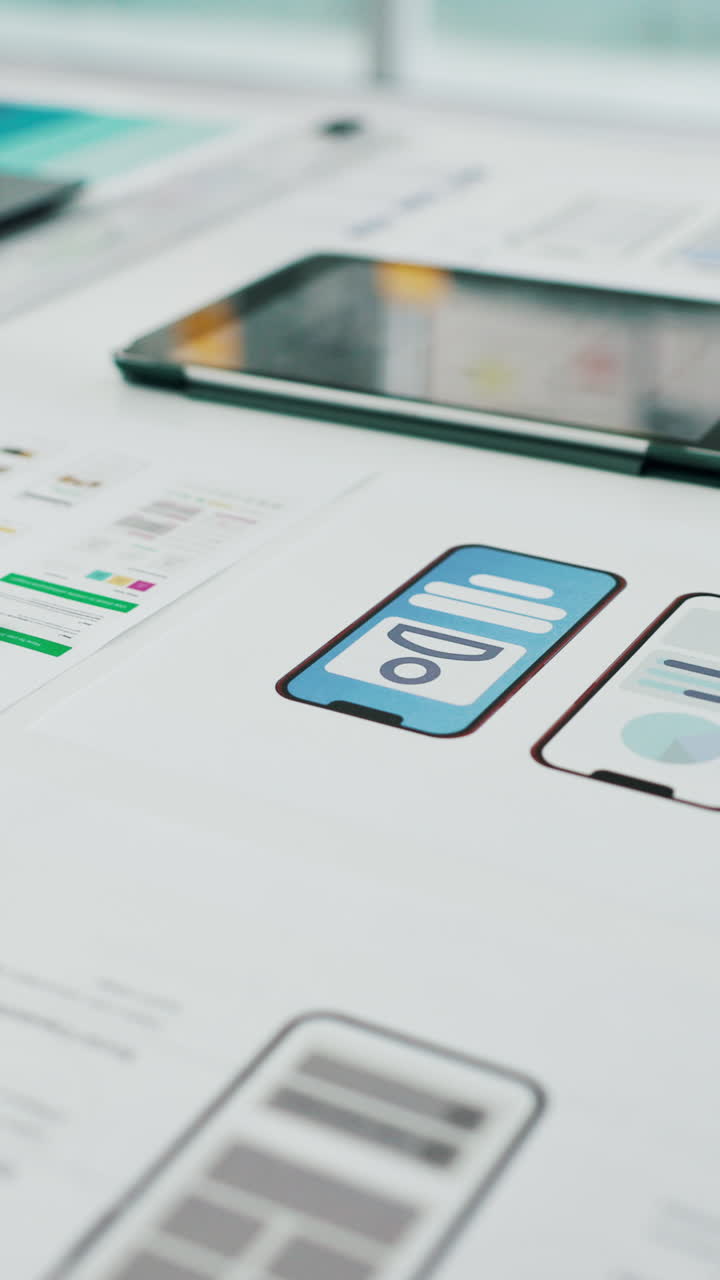 Primo piano di documenti di design UI/UX per app mobile su una scrivania