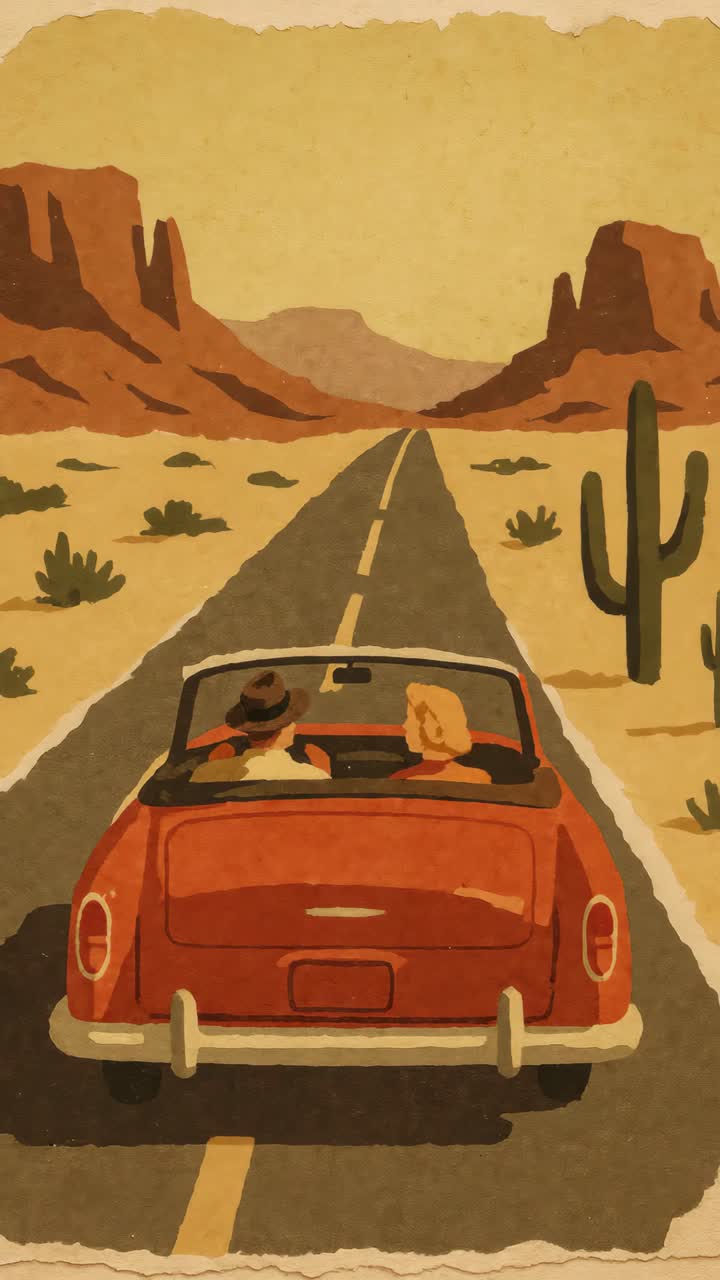 Vintage-style video still of a couple driving a red convertible through a desert
