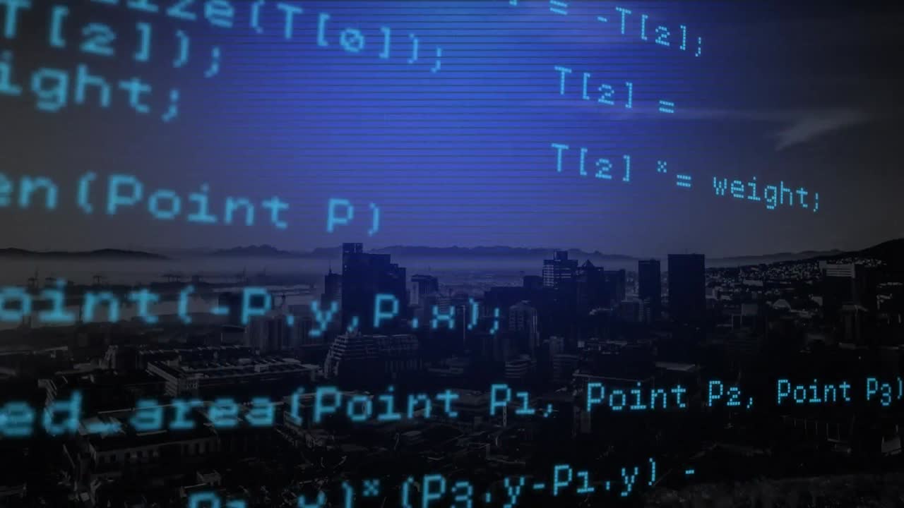 Animation of data processing on blue lined screen over beach and seascape