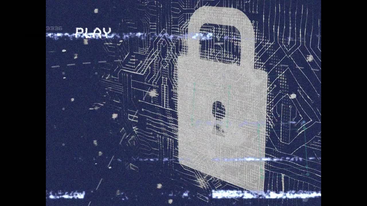 animación de la interfaz digital de juego con bloqueo de seguridad en línea en el fondo de la placa de circuitos