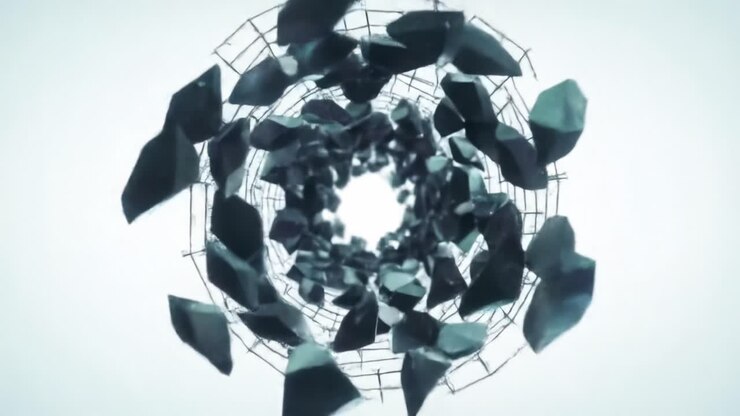 Dynamic Fragments in Motion: An Abstract Visual Representation of Shattering Elements Leading to a Central Void, Captured in Two Frames