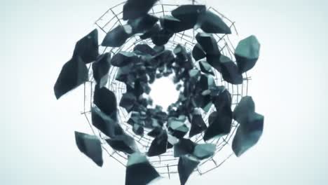 dynamic fragments in motion: an abstract visual representation of shattering elements leading to a central void, captured in two frames