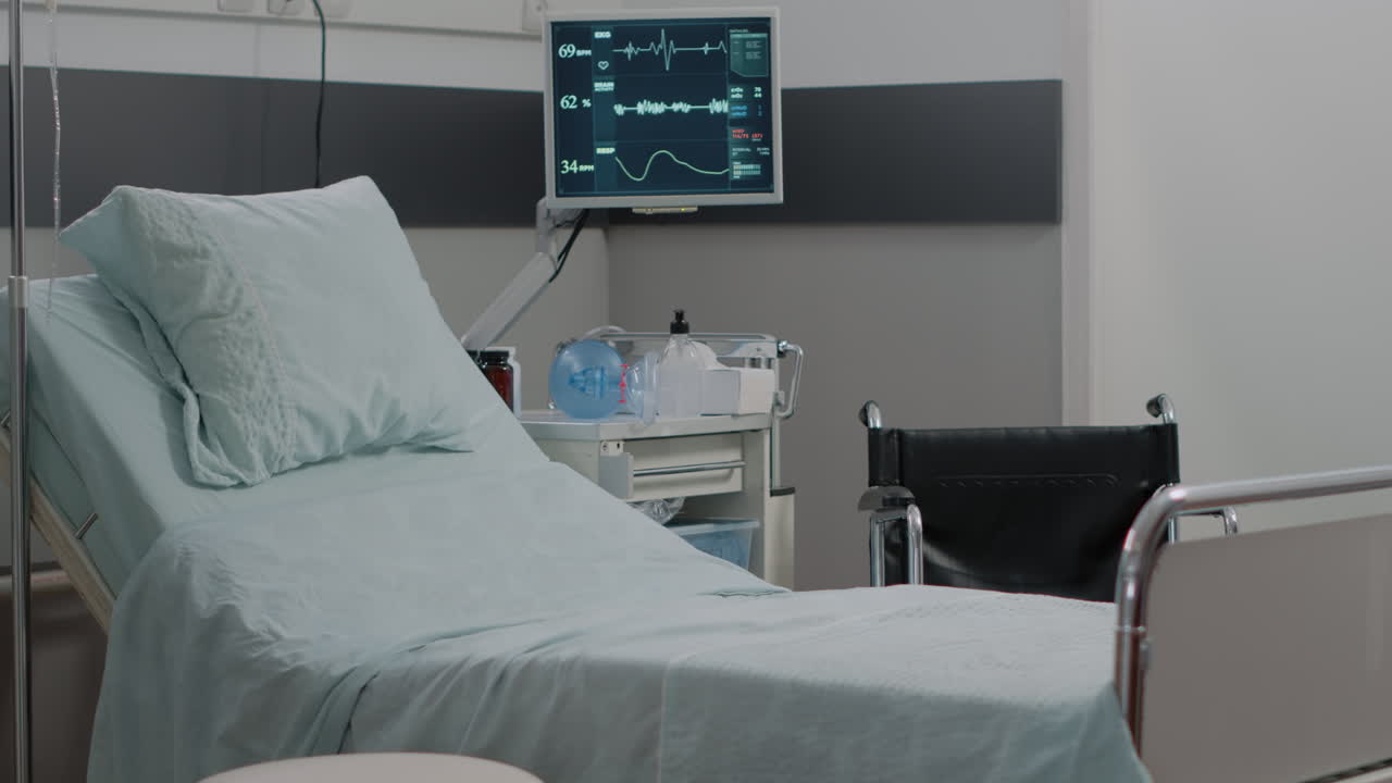 Nobody in hospital ward bed with medical equipment