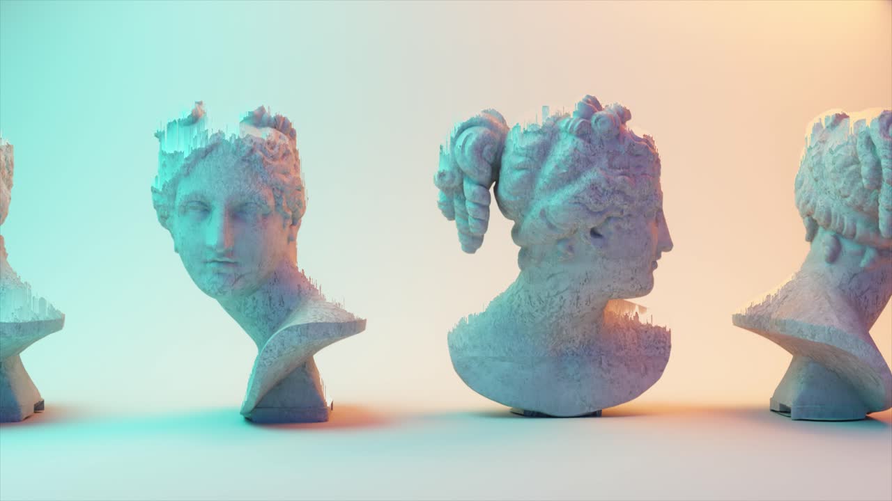 esculturas de busto abstractas bajo luz de neón