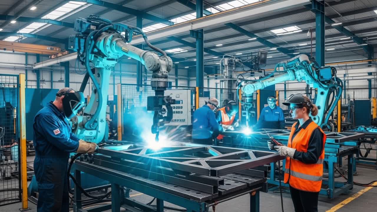 Advanced Robotic Welding in Industrial Manufacturing: A Modern Workplace Showcasing Skilled Workers Collaborating with Sophisticated Automation Technology