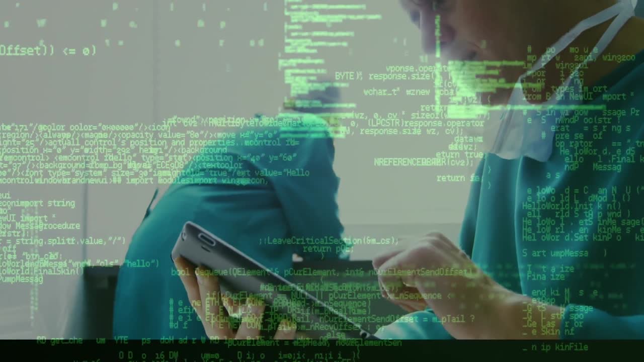 태블릿과 그리드를 사용하여 의사에 대한 데이터 처리 애니메이션