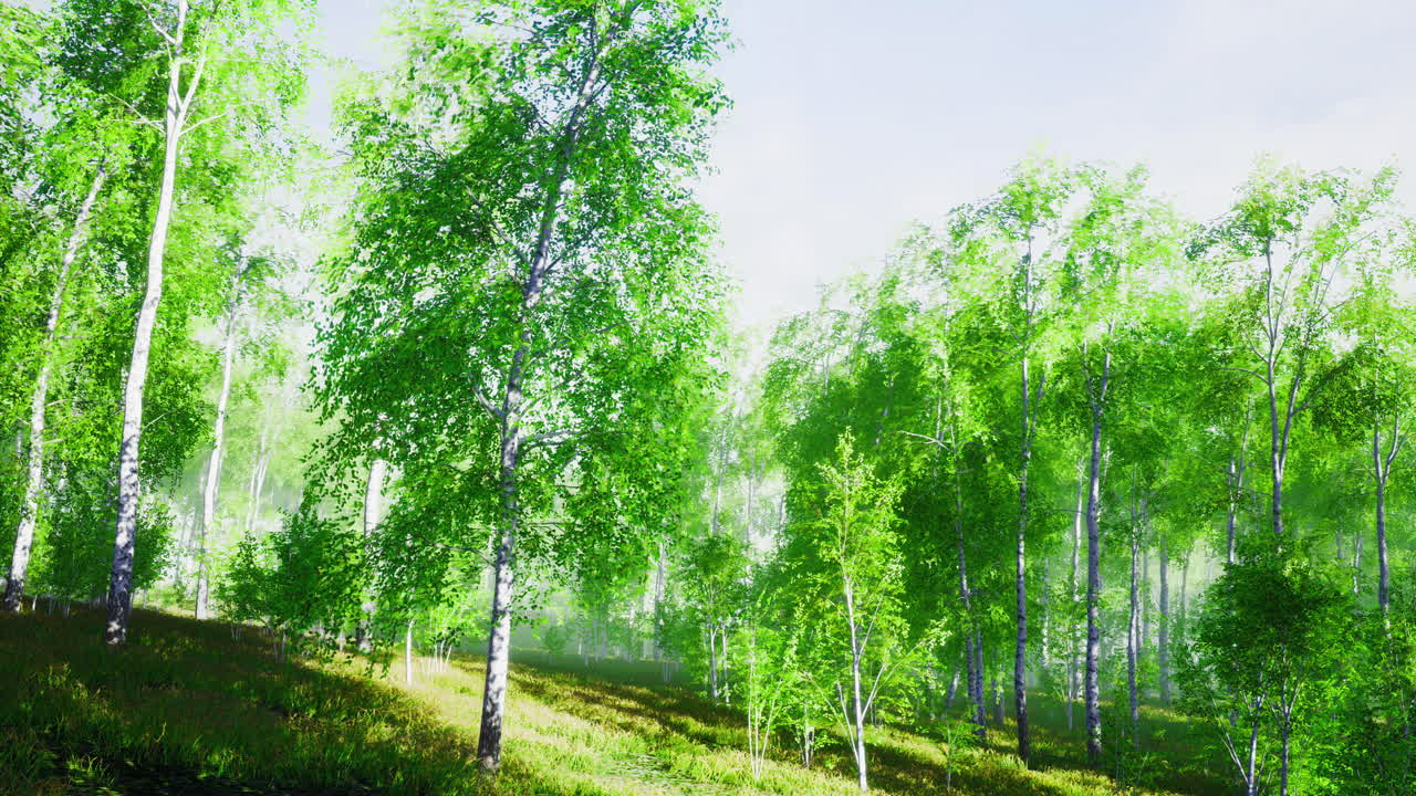 Lush green foliage envelops a tranquil forest on a bright sunny day
