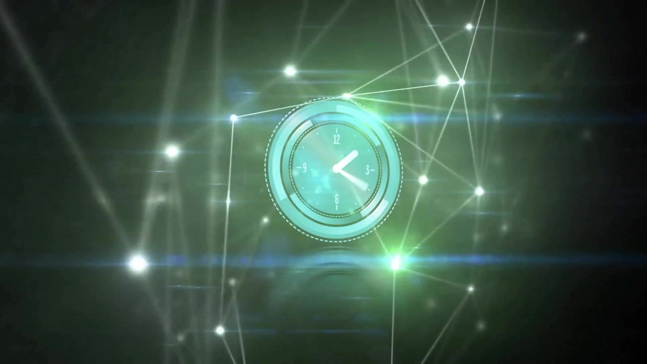 Bright flare bursting from right side initiating teal clock fading, rotating rings pulsing mesh