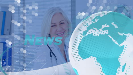 animation of news text and globe over caucasian female doctor