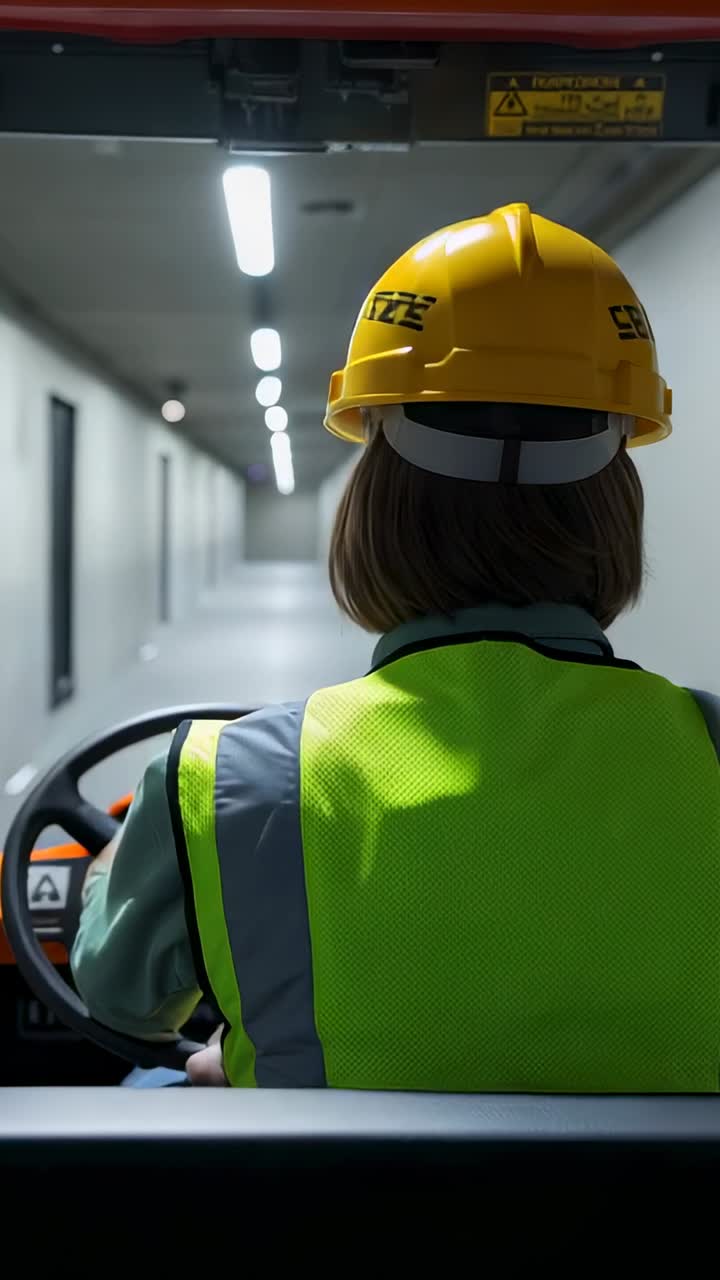 Video verticale: Carrello elevatore che parte, donna con cappello e giubbotto gialli che guida lungo un lungo corridoio.