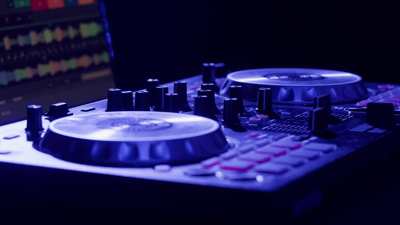 Vibrant DJ Mix Performance Closeup view of hands and equipment during a live music performance, city event, dj set in music techno club