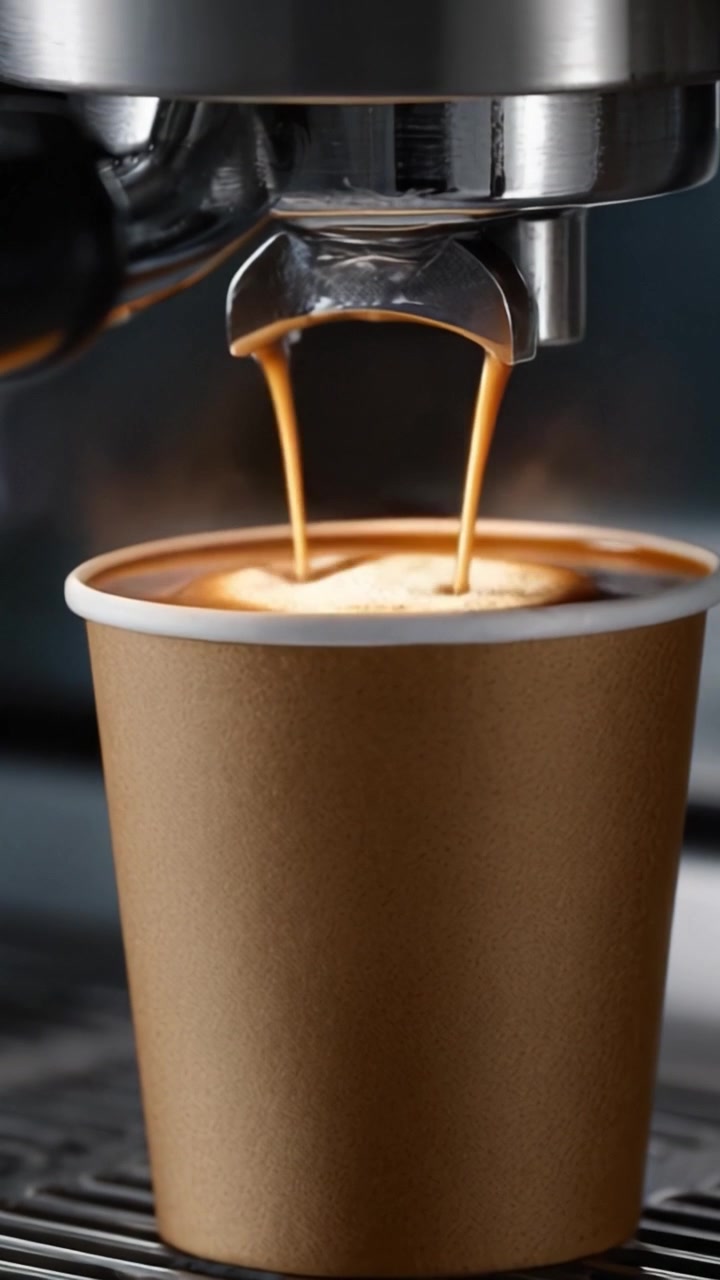 Espresso appena fatto versato in una tazza usa e getta marrone, che cattura il ricco aroma e la consistenza cremosa del caffè in un ambiente da barista.