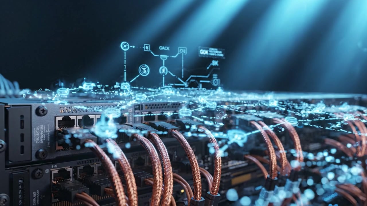 Advanced Data Processing System with High-Speed Networking Cables, Graphic Interface Displaying Performance Metrics and Connectivity in a Modern Computer Environment