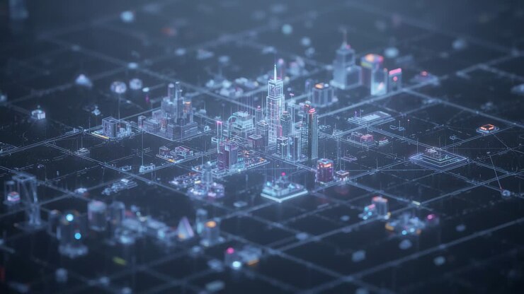 Panning della camera che rivela una città olografica in miniatura su una griglia scura, mettendo in risalto la torre centrale