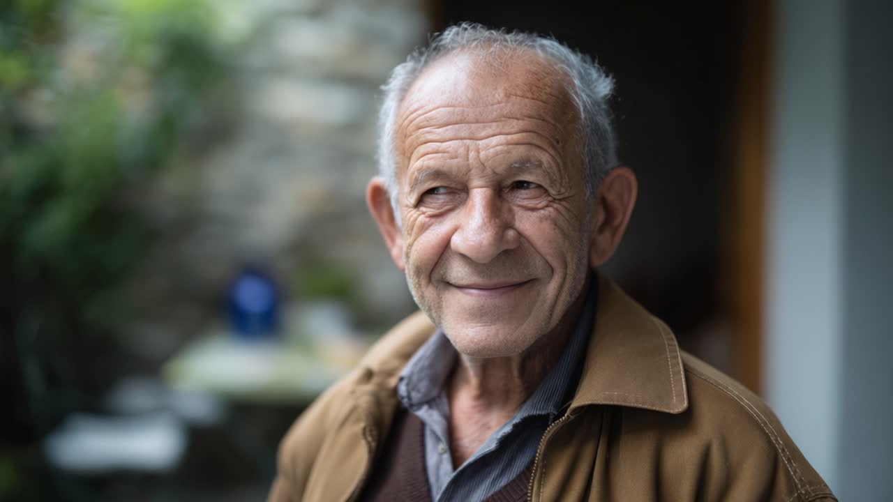 Un retrato de un hombre mayor sonriente en un entorno interior acogedor, que captura la calidez y la sabiduría de la edad con una sonrisa amable y elementos de fondo naturales.