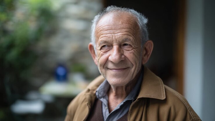 Ritratto di un uomo anziano sorridente in un ambiente interno accogliente, che cattura il calore e la saggezza dell'età con un sorriso gentile ed elementi di sfondo naturali.