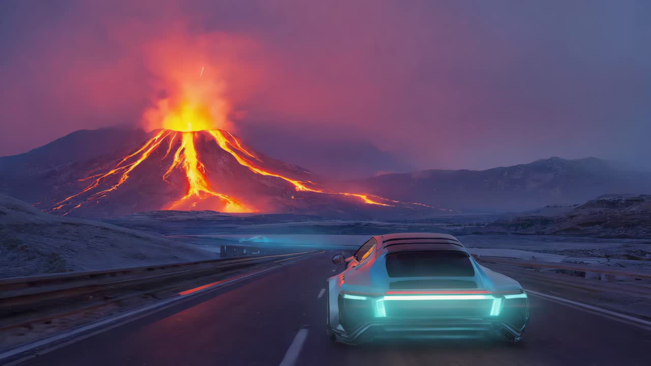 Futuristic Car Driving Towards a Volcanic Eruption at Night