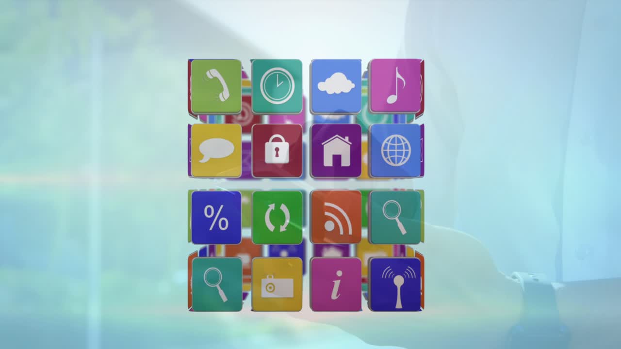 Animation of cube with icons over person using smartphone