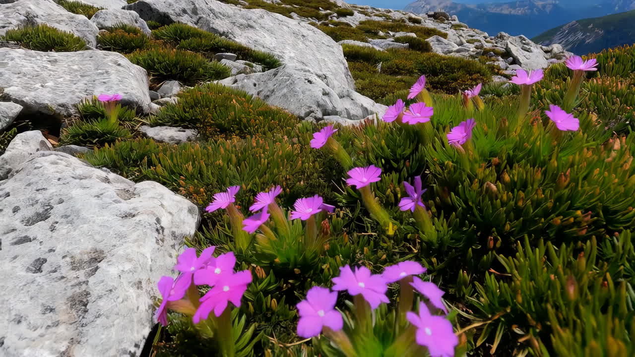 Purple Flowers and Rocks in a Mountainous Alpine Landscape