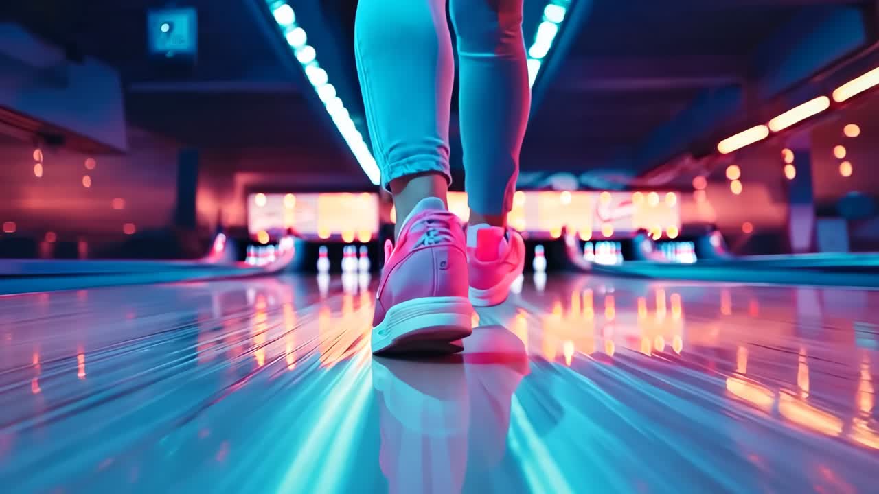 Una persona che cammina lungo una pista da bowling di notte.