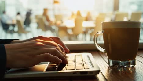 man typing on laptop with coffee cup in a cafe