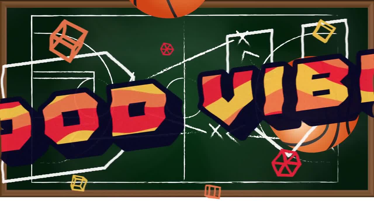 Animation of good vibes over basketballs on green background
