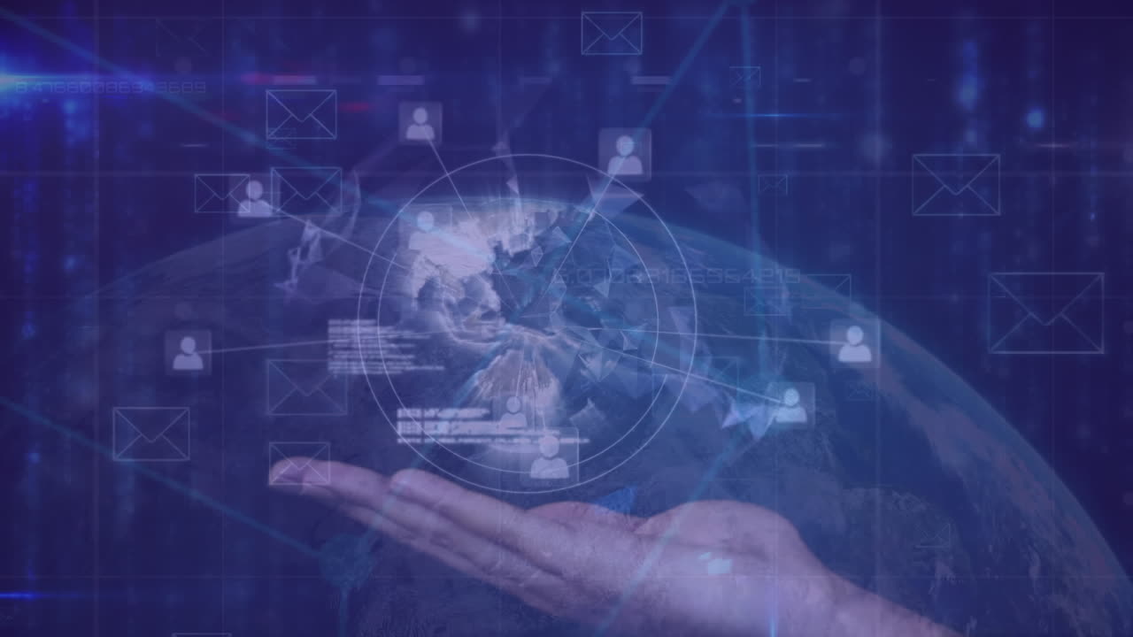 animación de la red de conexiones y procesamiento de datos sobre el globo y la mano